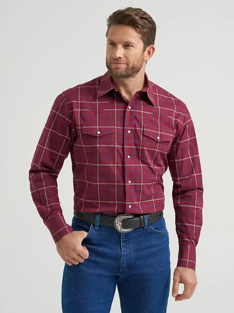 Wrangler Wrinkle Resist Plaid Snap Garnet