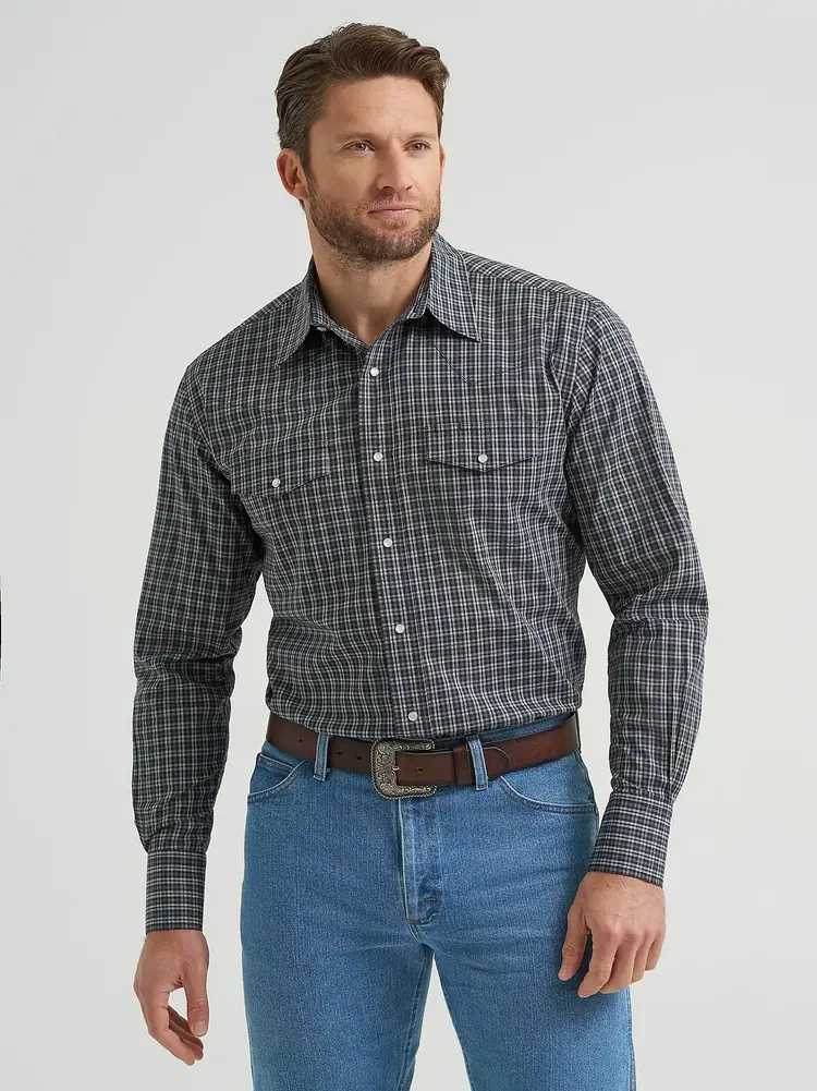 Wrangler Wrinkle Resist Plaid Snap Deep Grey