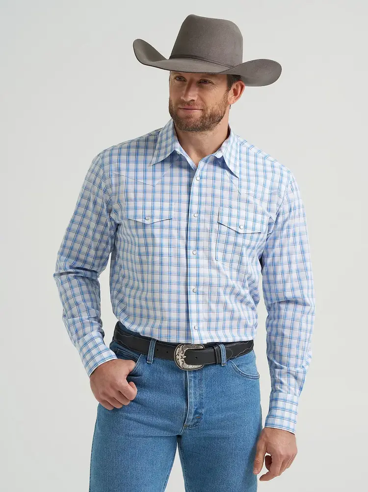 Wrangler Wrinkle Resist Plaid Snap True Blue