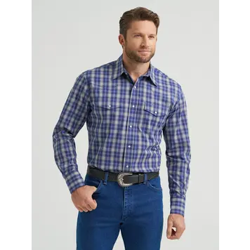 Wrangler Wrinkle Resist Plaid Snap Blue White