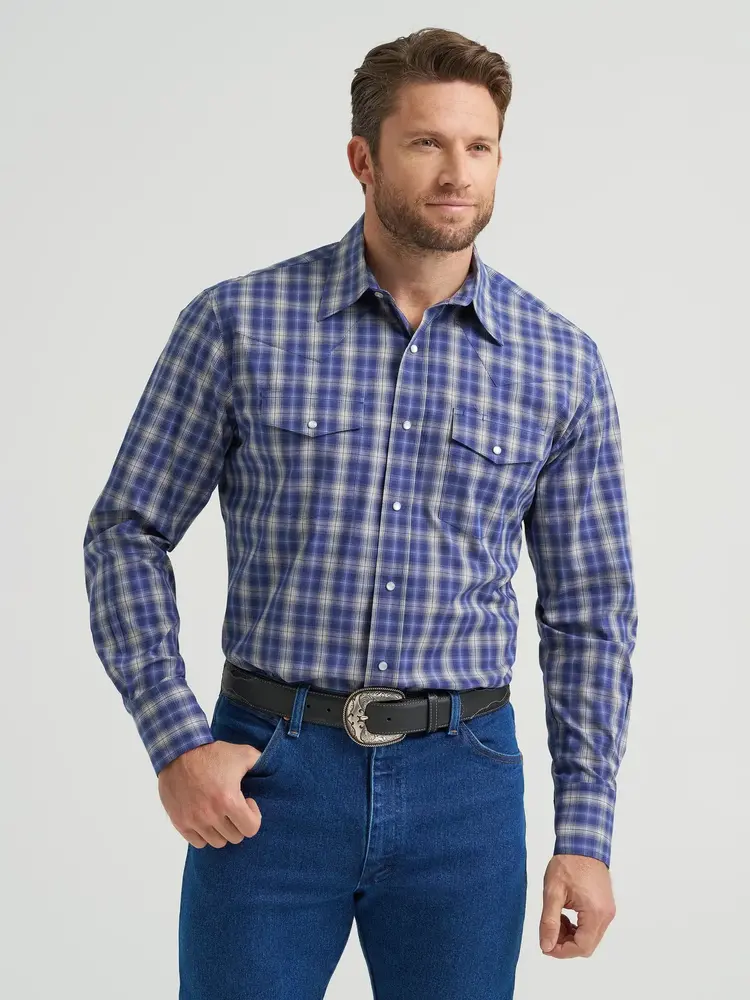 Wrangler Wrinkle Resist Plaid Snap Blue White