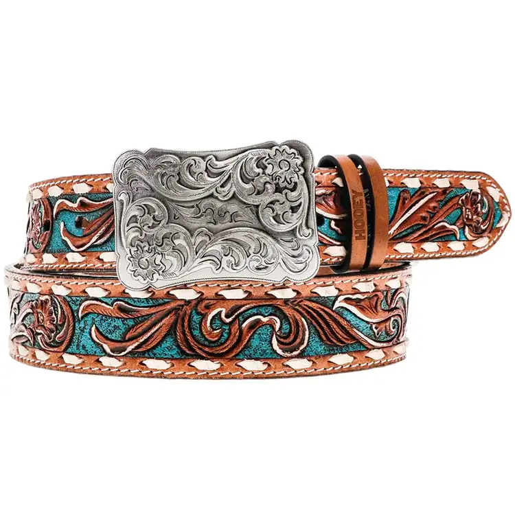 HOOey Ladies Sonoma Brown/Ivory w/Turquoise Floral Hand Tooled Belt