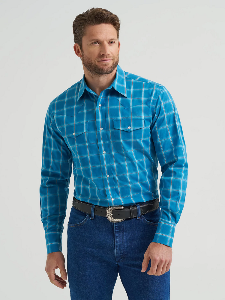 Wrangler Wrinkle Resist Plaid Snap Rich Turquoise