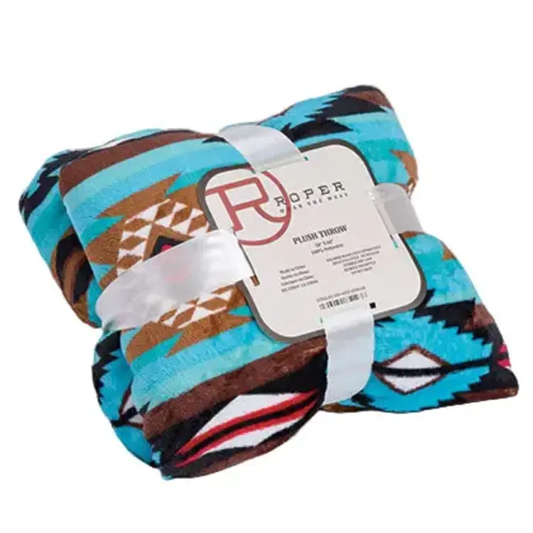Roper Turquoise Brown Aztec Plush Throw Blanket