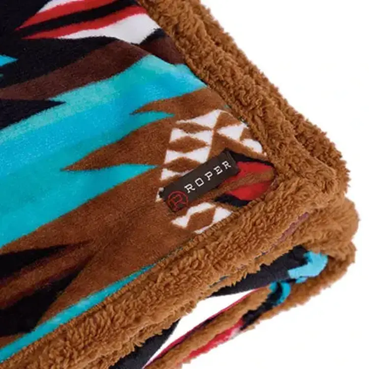 Roper Turquoise Brown Aztec Plush Throw Blanket