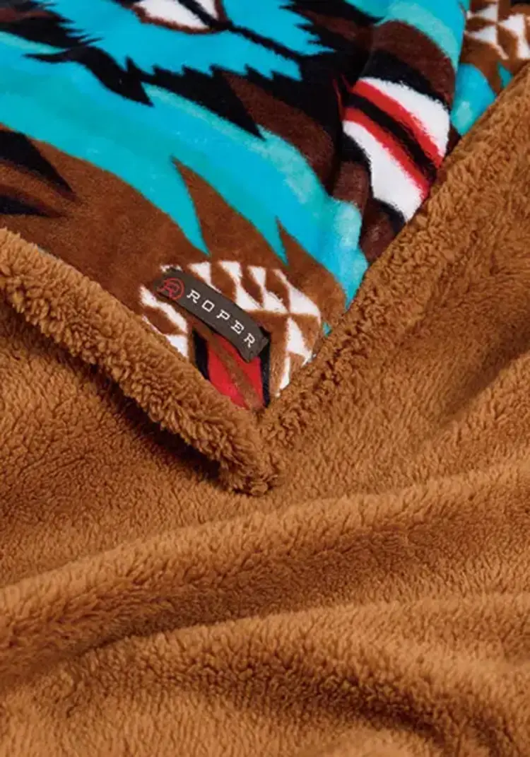 Roper Turquoise Brown Aztec Plush Throw Blanket