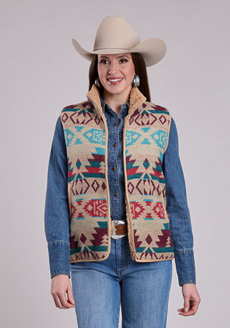 Roper Woven Aztec Faux Sherpa Lined Zip Vest