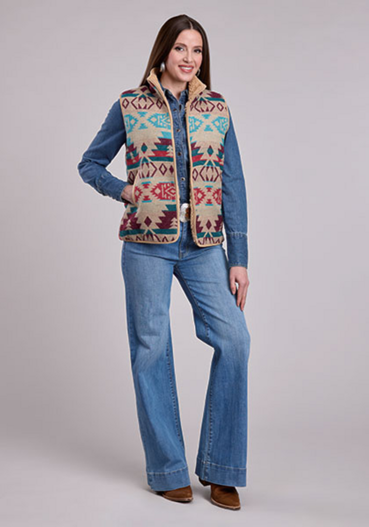Roper Woven Aztec Faux Sherpa Lined Zip Vest