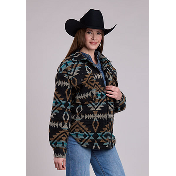 Roper Woven Aztec Button Black Shacket