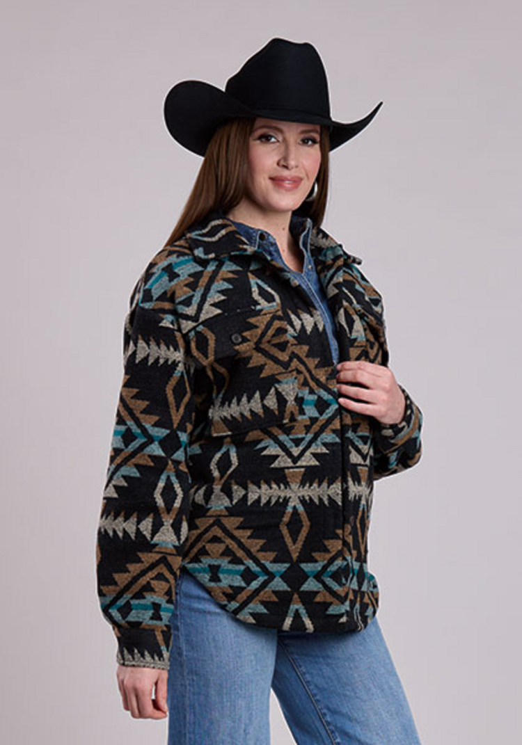 Roper Woven Aztec Button Black Shacket