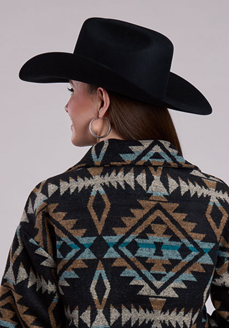 Roper Woven Aztec Button Black Shacket