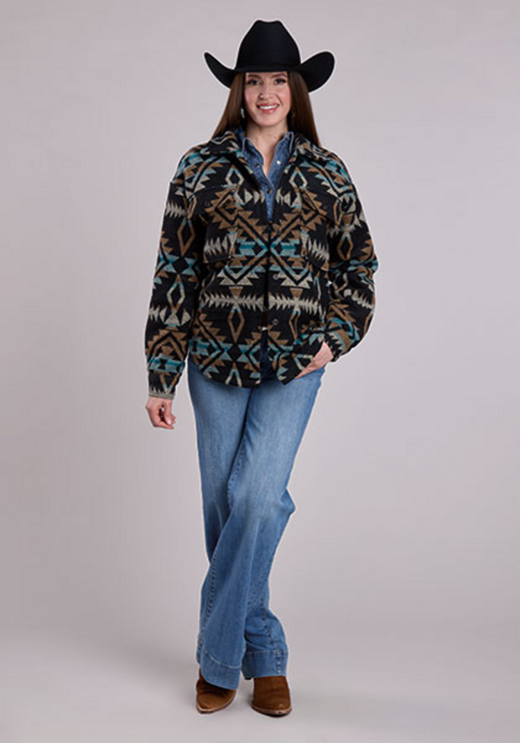 Roper Woven Aztec Button Black Shacket