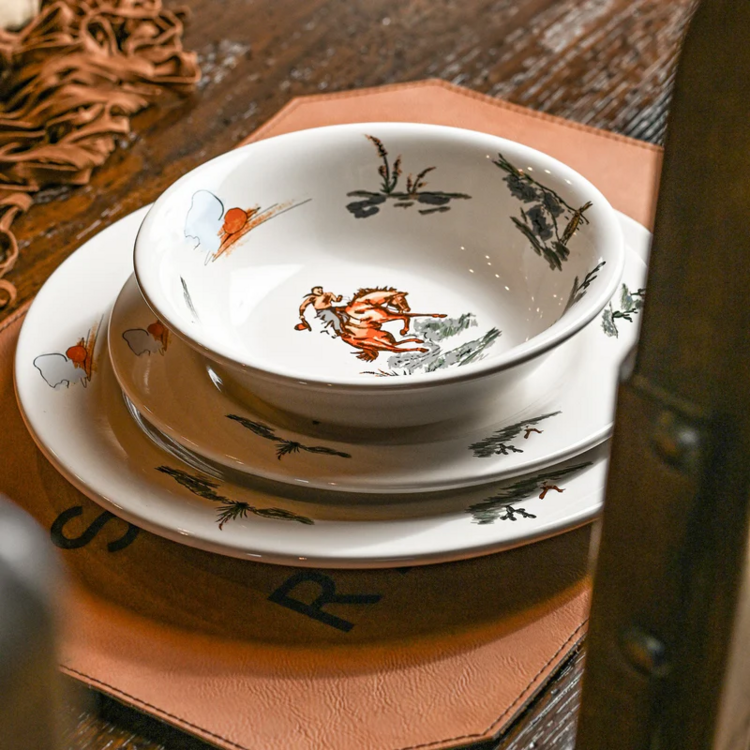 HiEnd Accents Ranch Life 16PC Ceramic Dinnerware Set Duffle Bag