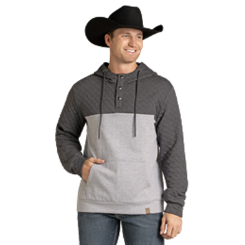 Rock & Roll Denim Quilted Two Tone Henley Hoodie Grey