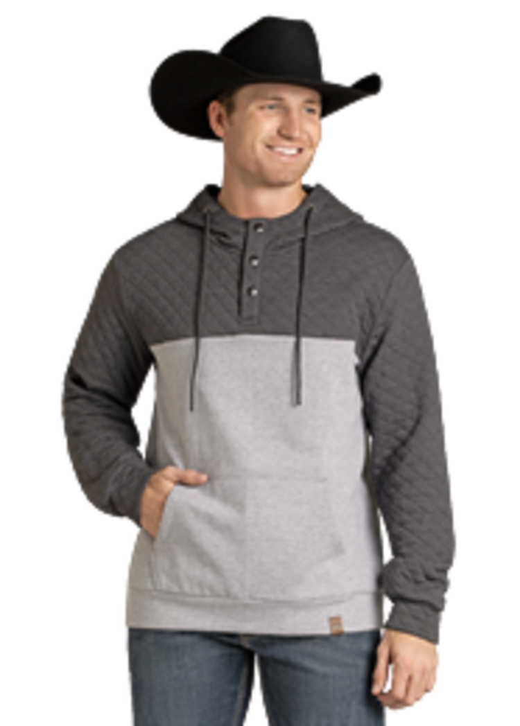 Rock & Roll Denim Quilted Two Tone Henley Hoodie Grey
