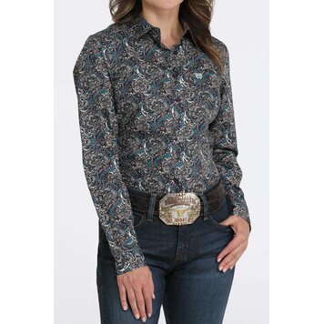 Cinch Paisley Print Button Down Teal Purple