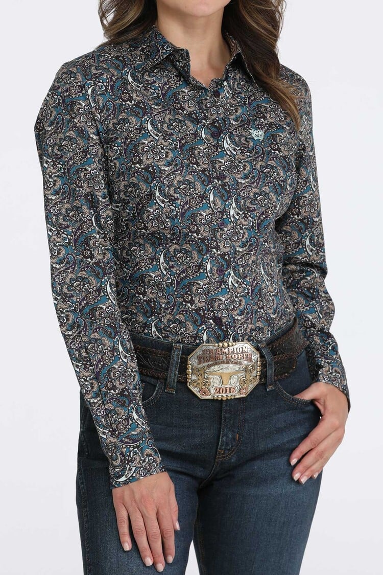 Cinch Paisley Print Button Down Teal Purple