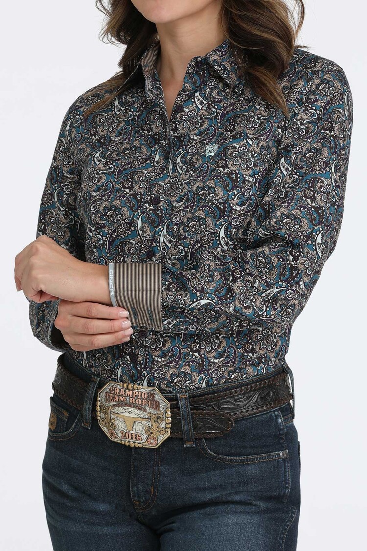 Cinch Paisley Print Button Down Teal Purple