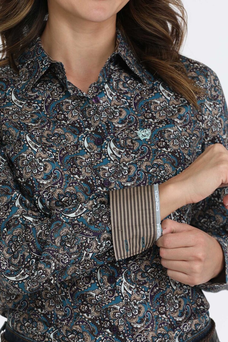 Cinch Paisley Print Button Down Teal Purple