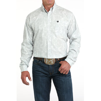 Cinch Paisley Print Button Down White Grey