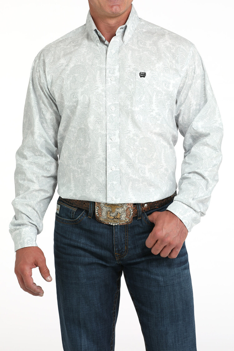 Cinch Paisley Print Button Down White Grey