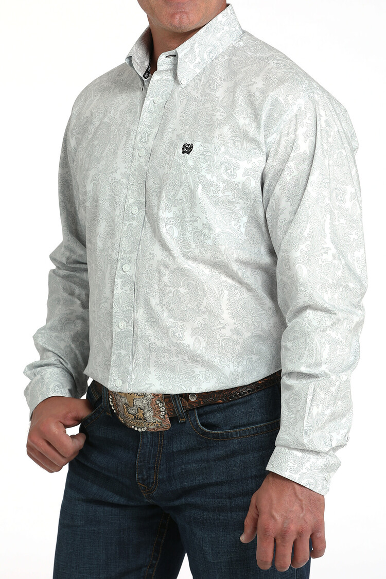 Cinch Paisley Print Button Down White Grey
