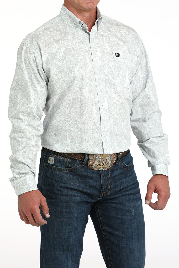 Cinch Paisley Print Button Down White Grey