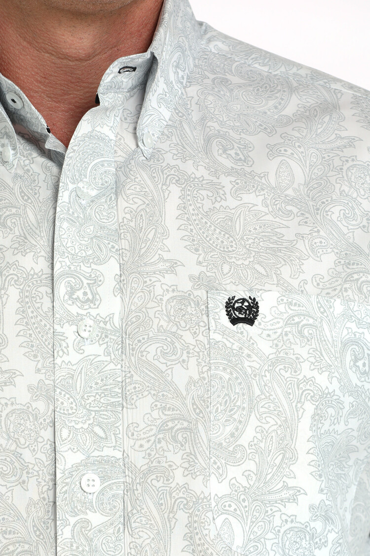 Cinch Paisley Print Button Down White Grey