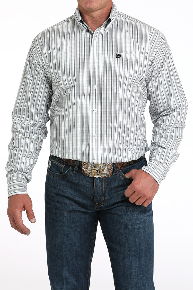 Cinch Plaid Button Down White Grey