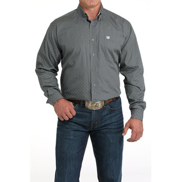 Cinch Geometric Print Button Down Dark Grey