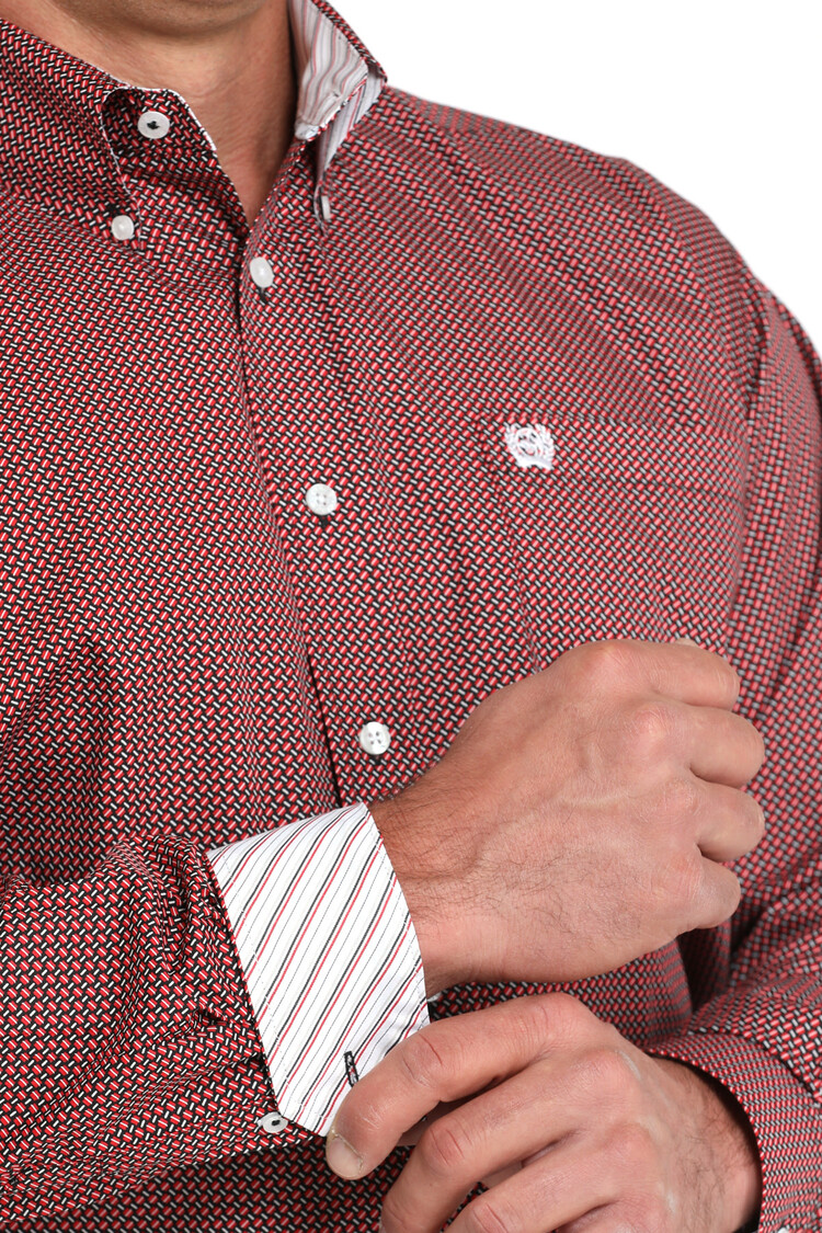 Cinch Red Weave Geometric Print Button Down