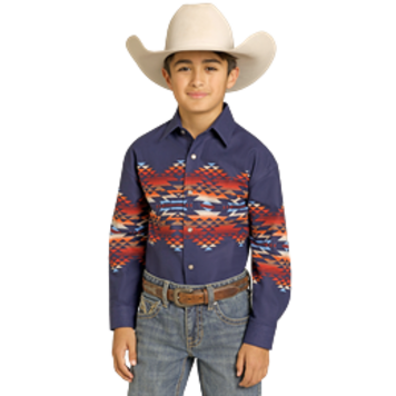Panhandle Western Wear Youth Aztec Border Snap Navy