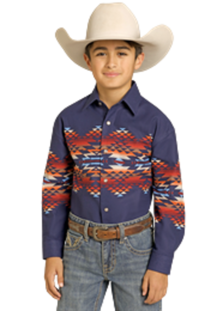 Panhandle Western Wear Youth Aztec Border Snap Navy