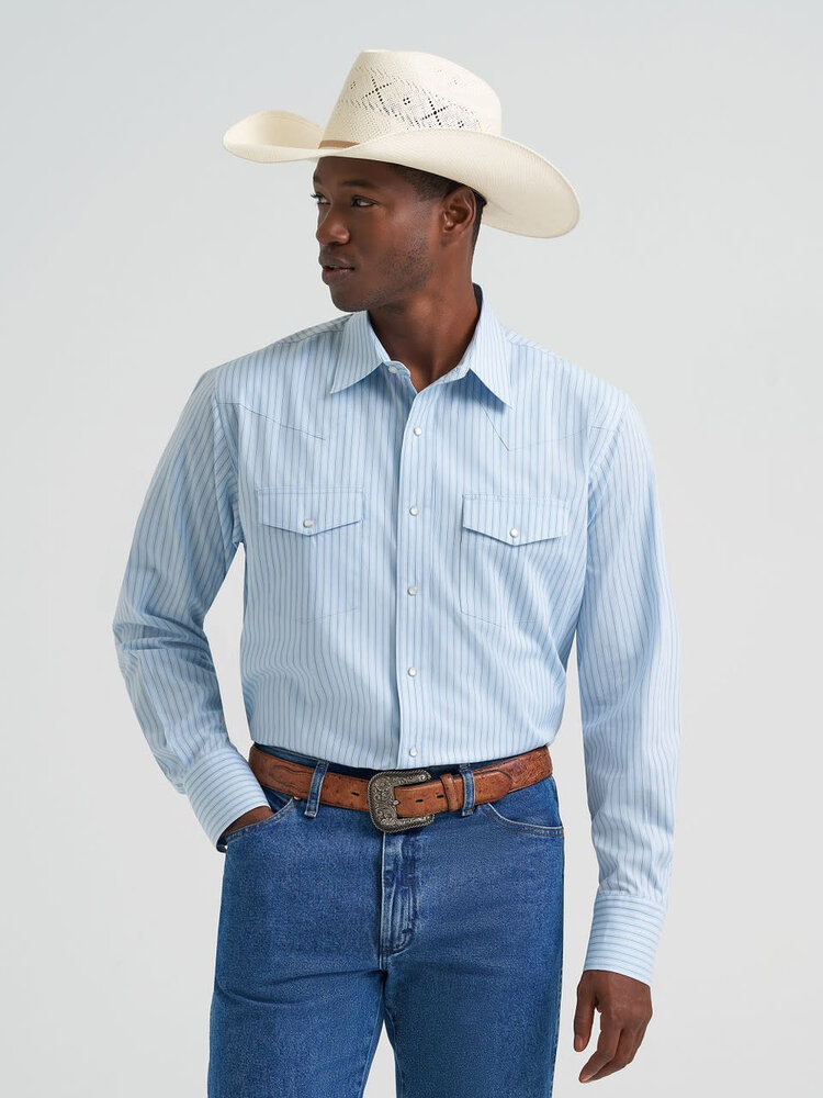 Wrangler Wrinkle Resist Baby Blue Stripe Snap