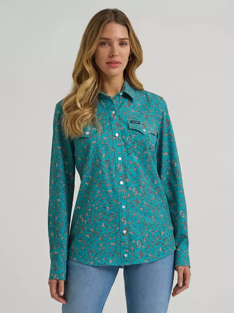 Wrangler Performance Faux Placket Green Floral Aria