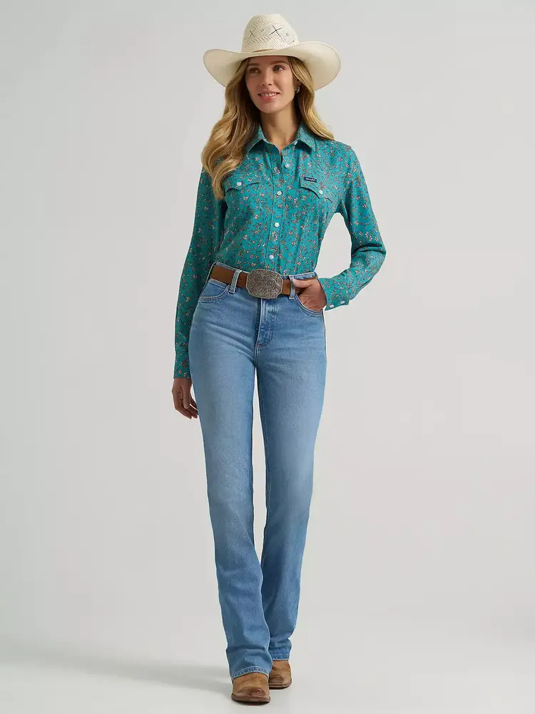 Wrangler Performance Faux Placket Green Floral Aria