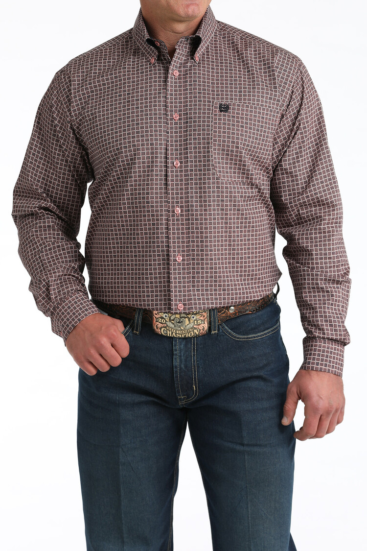Cinch Pink Square Print Button Down