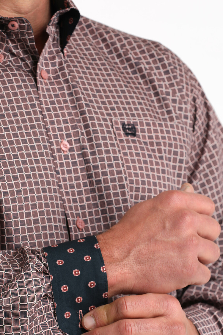 Cinch Pink Square Print Button Down