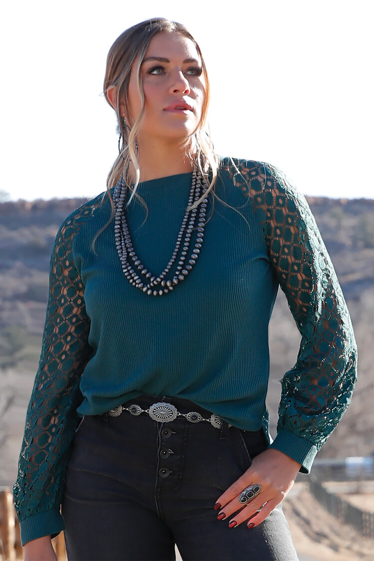 Cruel Denim Crocheted Sleeve Forest Green