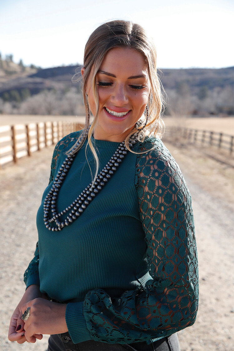 Cruel Denim Crocheted Sleeve Forest Green