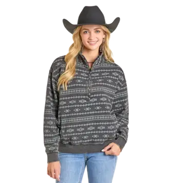 Rock & Roll Denim Aztec Print 1/4 Zip Pullover Black