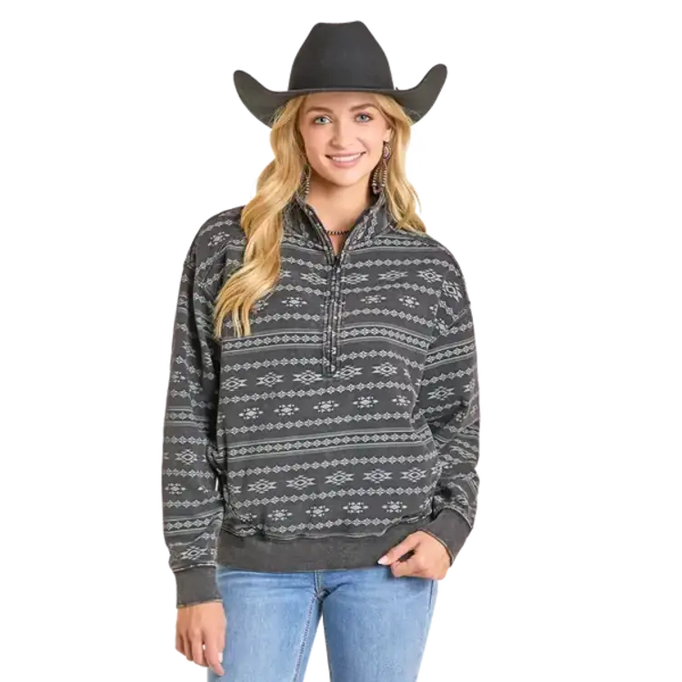 Rock & Roll Denim Aztec Print 1/4 Zip Pullover Black