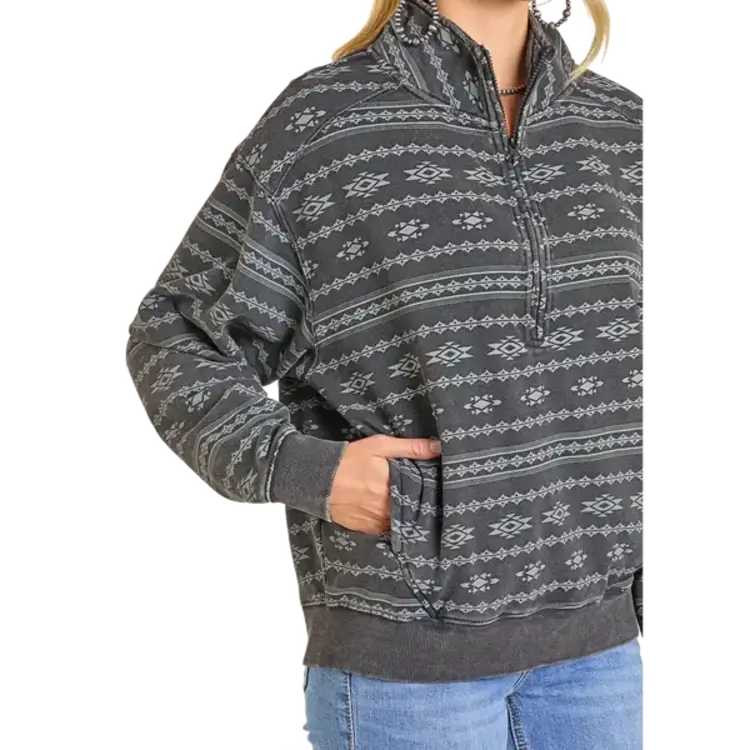 Rock & Roll Denim Aztec Print 1/4 Zip Pullover Black