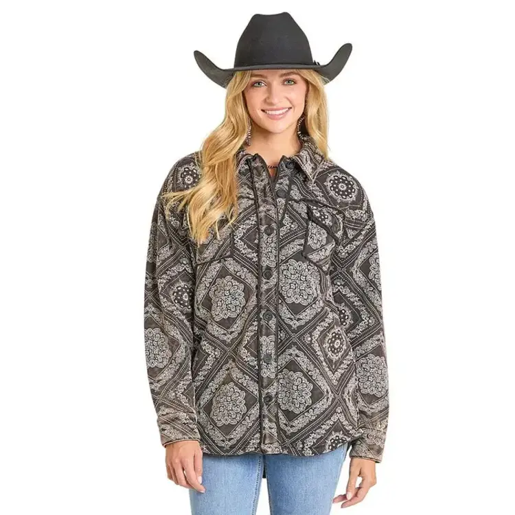 Rock & Roll Denim Faded Bandana Print Shacket Black