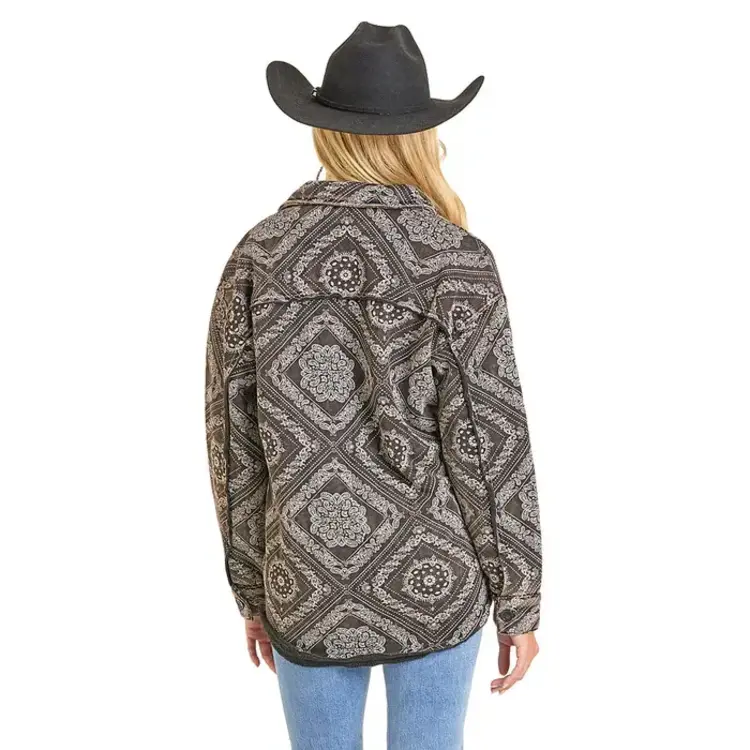 Rock & Roll Denim Faded Bandana Print Shacket Black