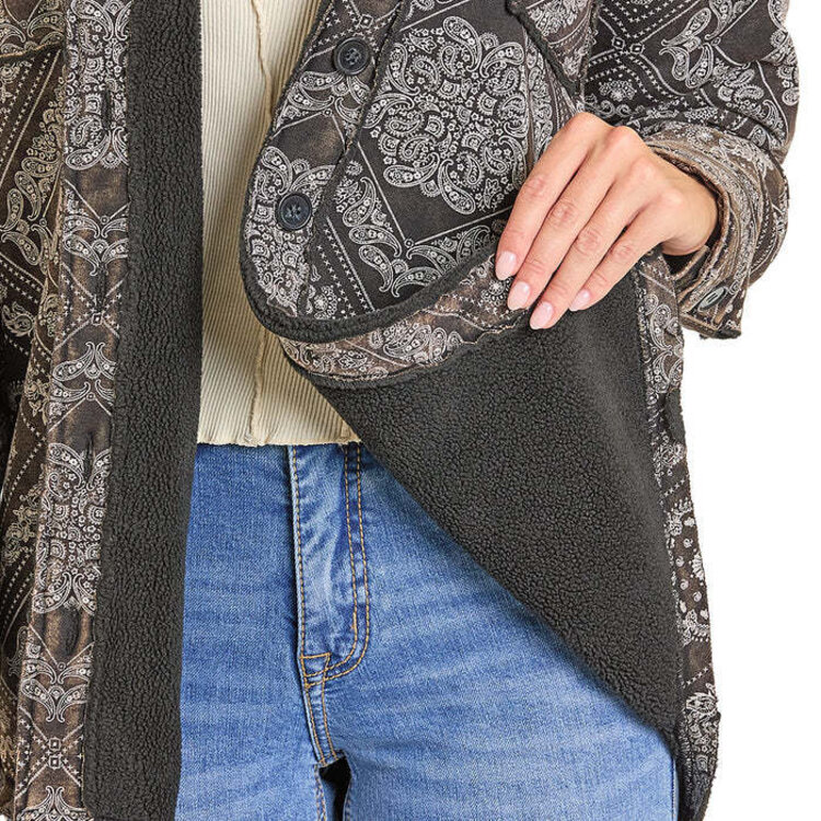 Rock & Roll Denim Faded Bandana Print Shacket Black