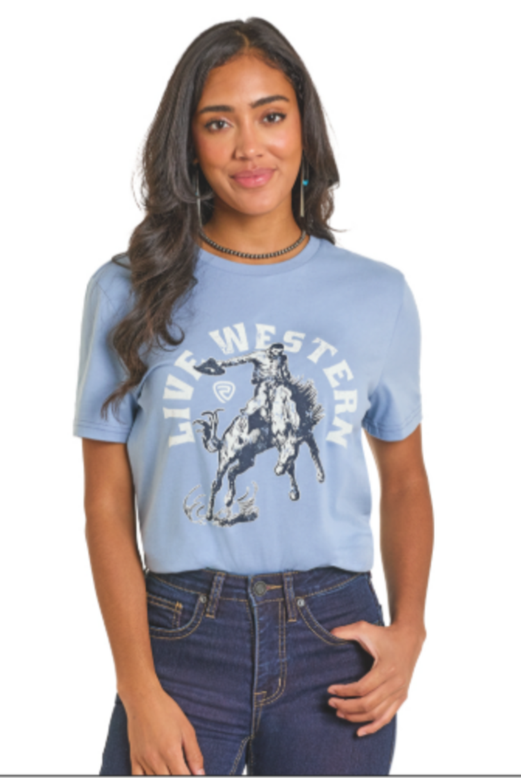 Rock & Roll Denim Bronco Rider Graphic Tee Powder Blue