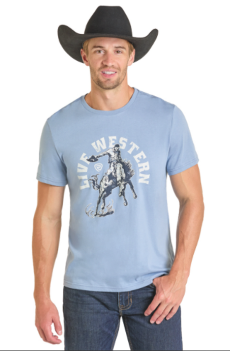 Rock & Roll Denim Bronco Rider Graphic Tee Powder Blue