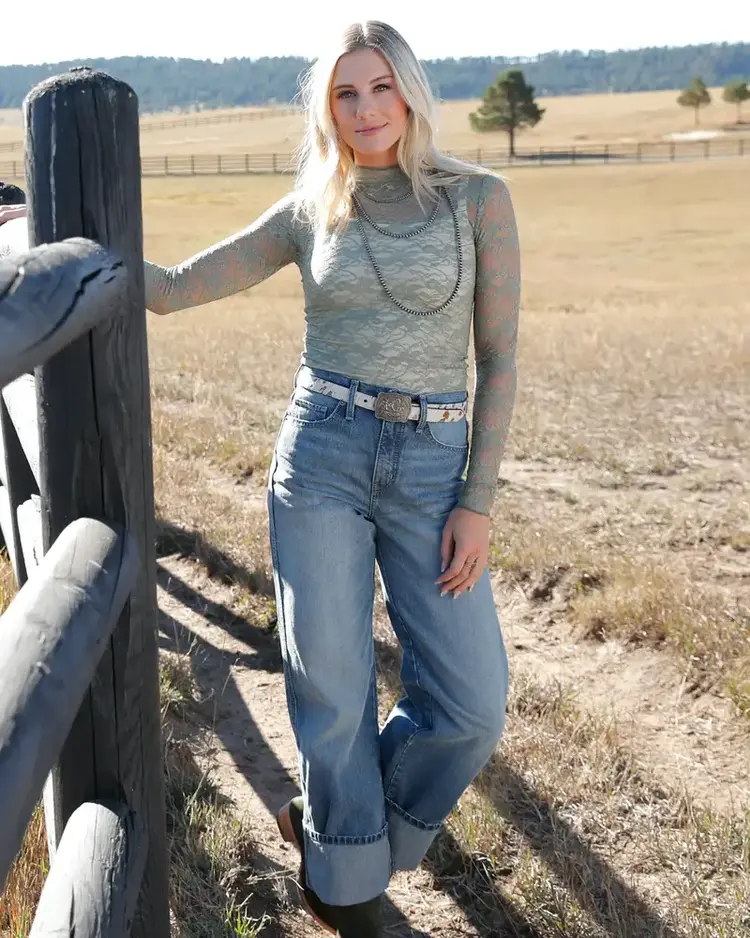 Cruel Denim Floral Lace Mock Neck Green