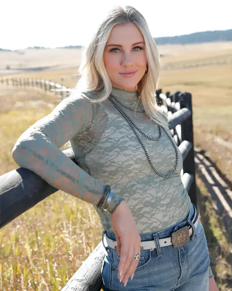 Cruel Denim Floral Lace Mock Neck Green